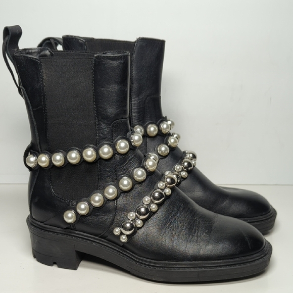 Zara Shoes - Zara Black chelsea pearl Studded Combat Boots w/ Chunky Sole woman size 6 EU 36